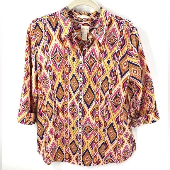 Chico's No Iron Linen Effortless Southwest Print Top Colorful Button Back Small - Picture 1 of 12